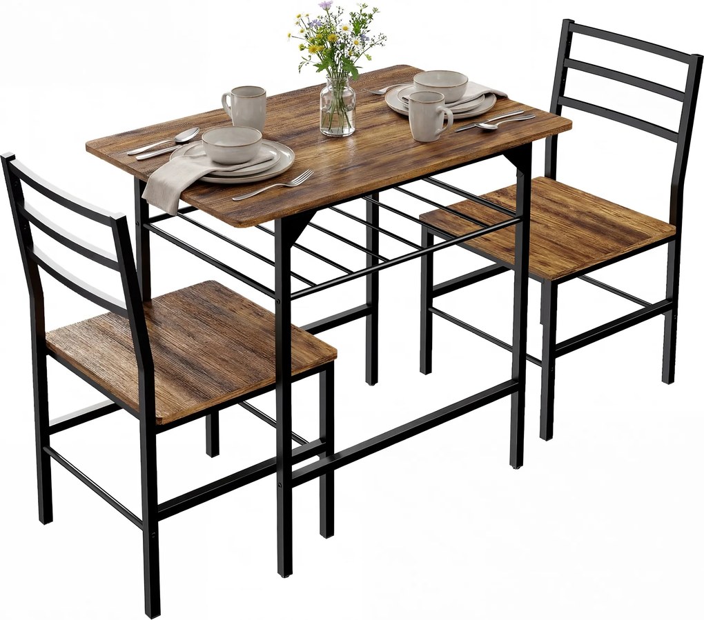 Conjunto de mesa de jantar com 2 cadeiras, mesa de cozinha com cadeiras para 2 pessoas, estrutura em metal, castanho