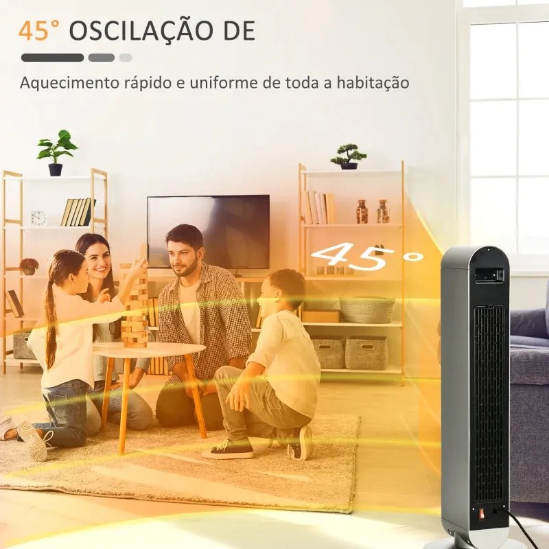 Aquecedor Cerâmico de Torre 1100/2200W com Controlo Remoto, Temporizad