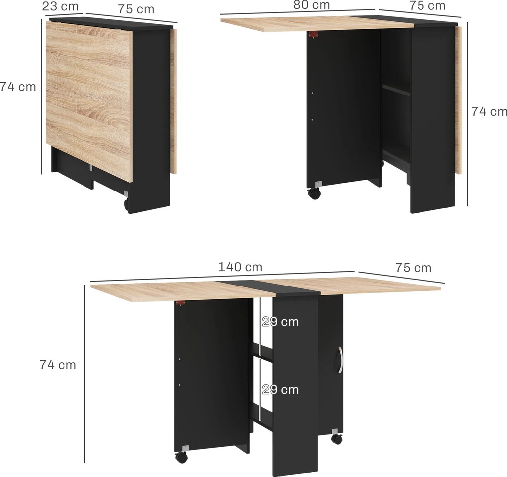 Mesa de Cozinha Dobrável (CADEIRAS NÃO INCLUIDAS) Mesa de Madeira com 2 Prateleiras de Armazenamento e Rodas 75x140x74 cm Preto e Madeira