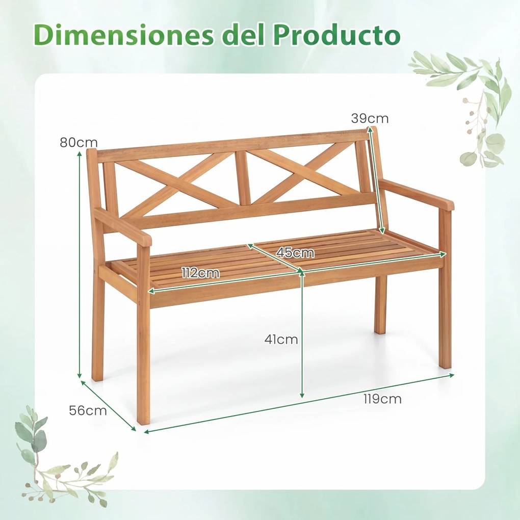 Banco de jardim de acácia de 2 lugares com encosto, 56 x 119 x 80 cm braços e assento em ripas, com capacidade para 360 kg, Natural