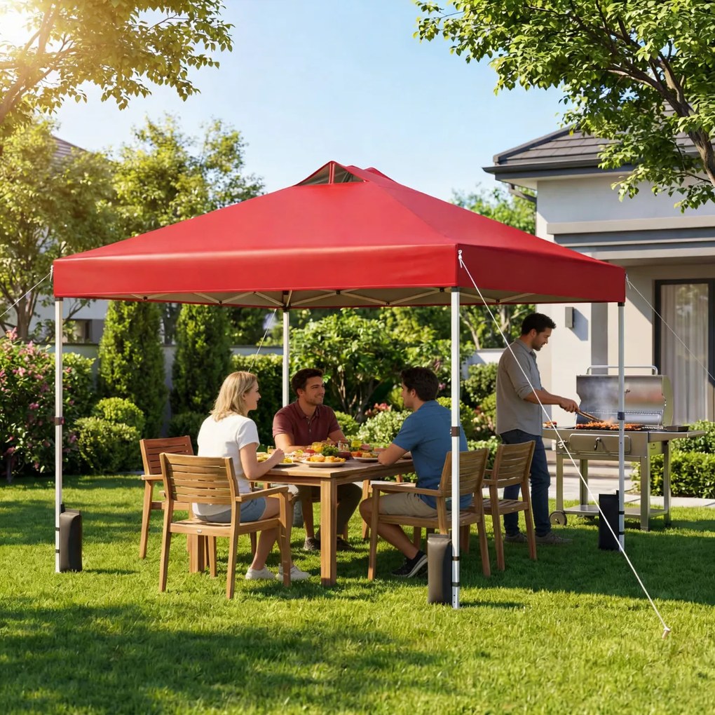 Tenda dobrável 3x3 m com 4 x Sacos de areia de montagem instantânea com 1 botão campismo, feiras, eventos e Saco com rodas Vermelha