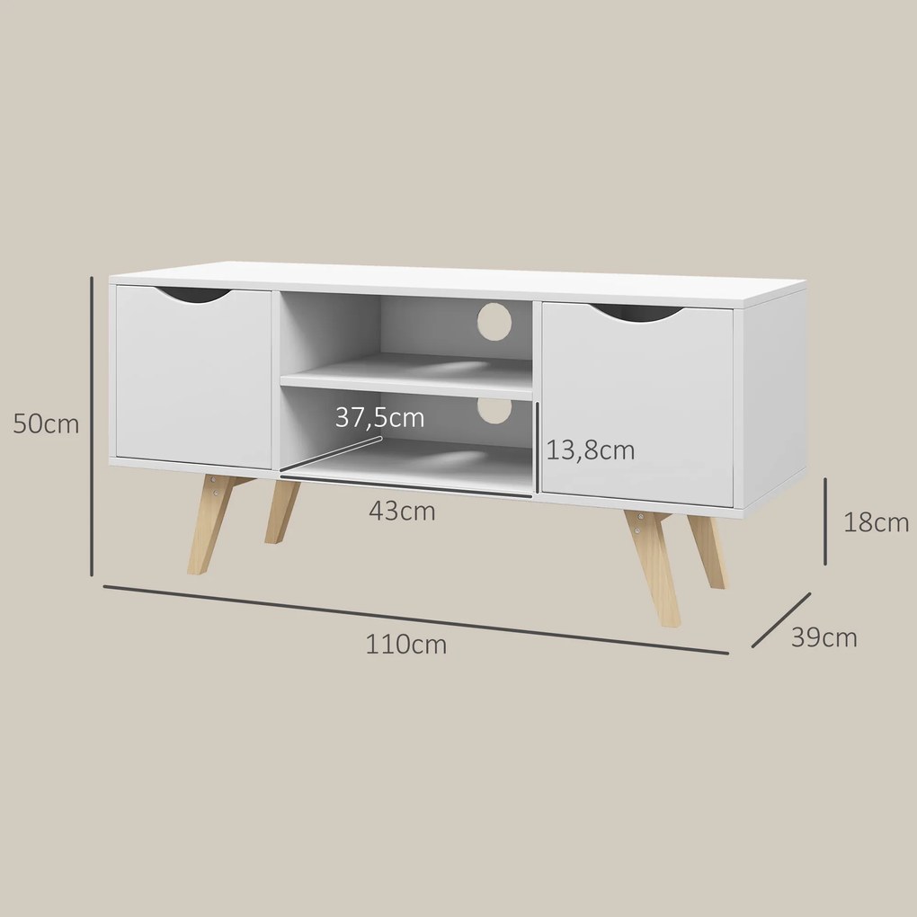 Móvel de TV Moderno para Televisores de até 50 Polegadas com 2 Armários e 2 Prateleiras Abertas 110x39x50 cm Branco