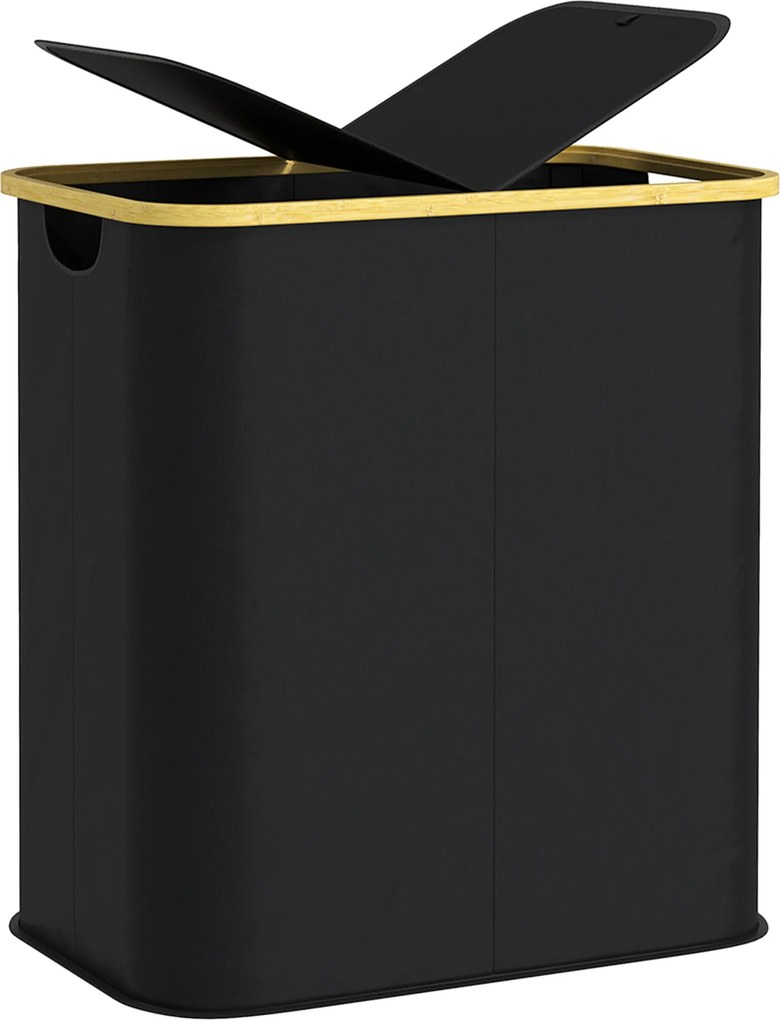 Cesto de roupa suja dobrável de 80 L com tampa, pegas ranhuradas, preto
