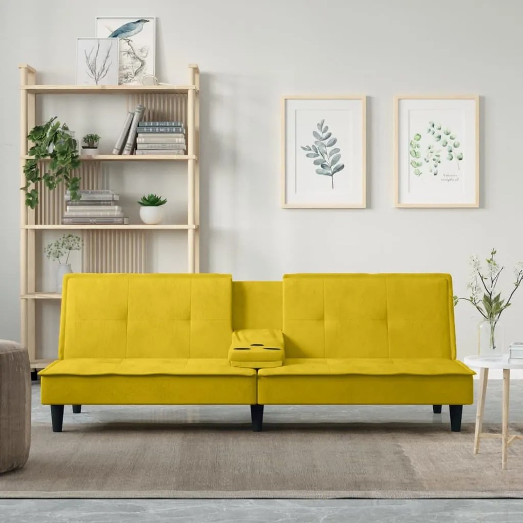 351925 vidaXL Sofá-cama com suporte para copos veludo amarelo