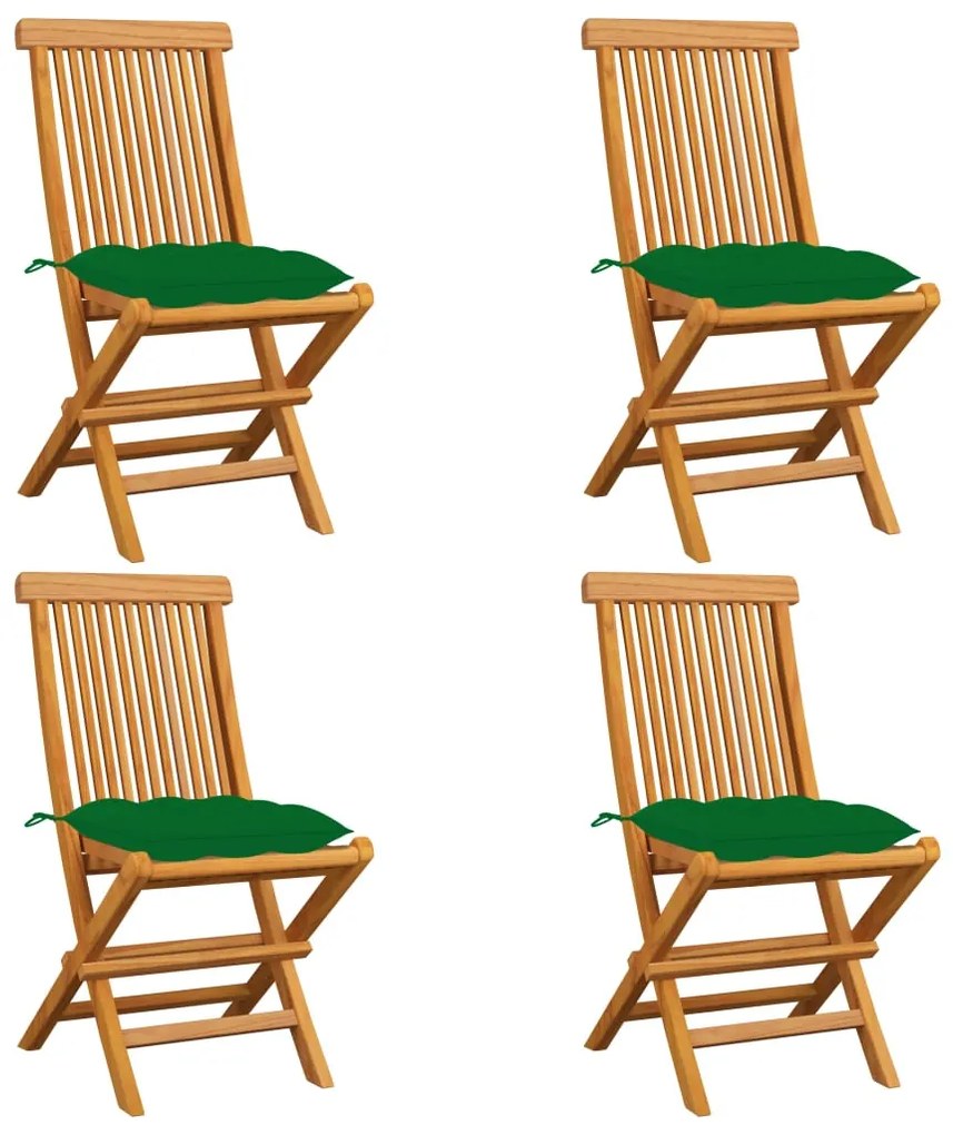 vidaXL Cadeiras de jardim c/ almofadões verdes 4 pcs teca maciça