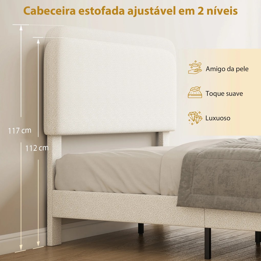 Estrutura de Cama 146x194x112-117 cm (LxPxA) (COLCHÃO NÃO INCLUIDO) Dupla com Cabeceira Ajustável em Altura Estofada em Tecido Macio com Ripas de Made