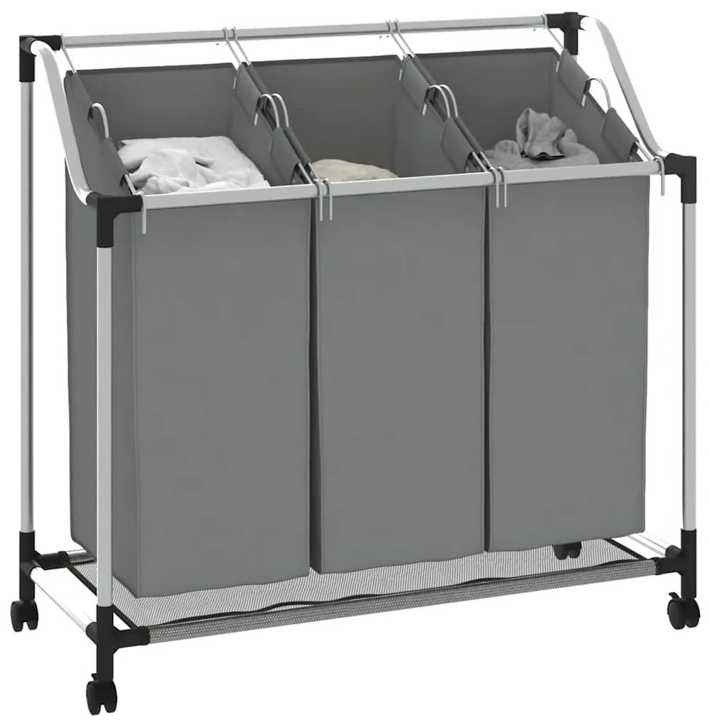Cesto para roupa suja com rodas 3 compartimentos cinzento