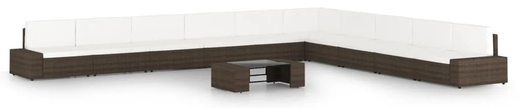 11 pcs conjunto lounge p/ jardim c/ almofadões vime PE castanho