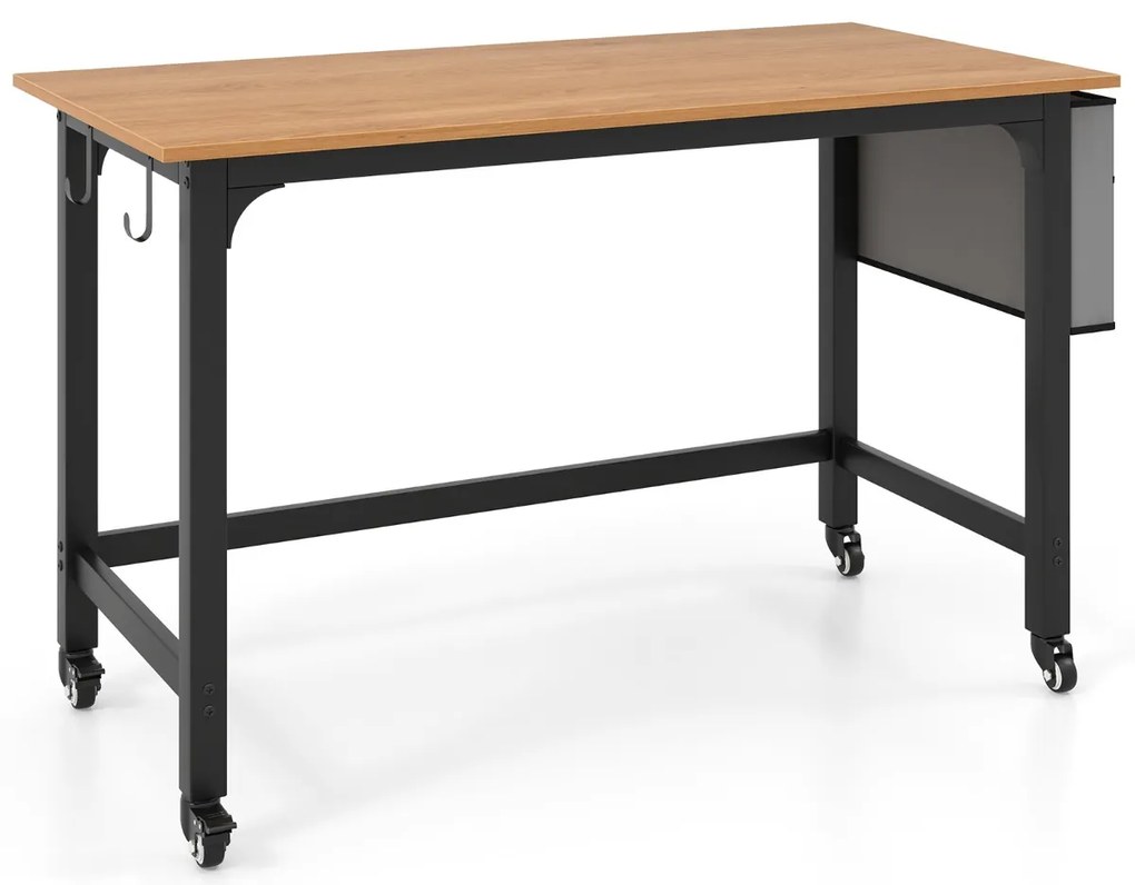 Secretária 120 x 60 x 75 cm com Rodas com Bolsa e Ganchos para Auscultadores Compacta Estrutura Metálica Natural