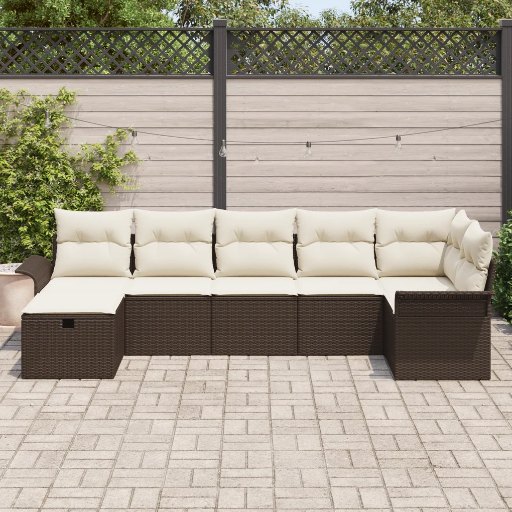 Conjunto de Sofá de Jardim com 7 Peças e Almofadas Rattan PE Castanho
