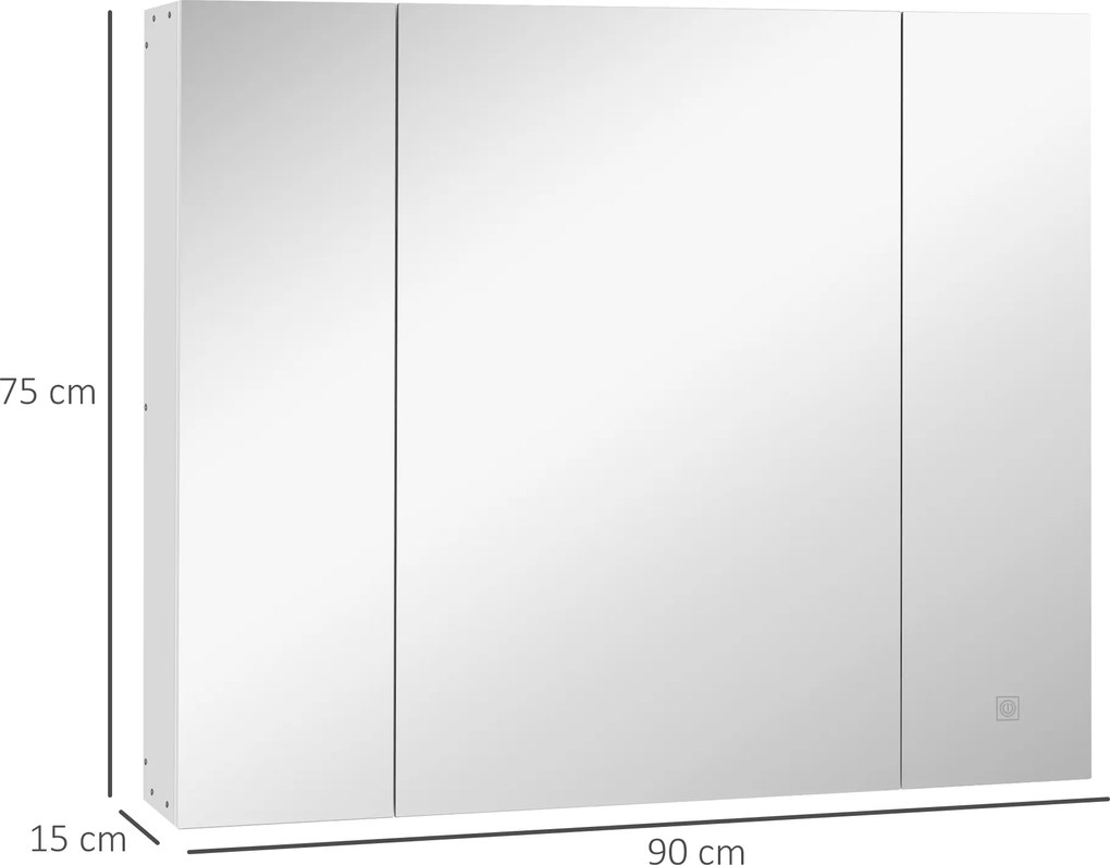 Armário Casa de Banho com Espelho e Luzes LED Armário com Espelho Casa de Banho com Prateleiras Ajustáveis e USB 90x15x75 cm Branco