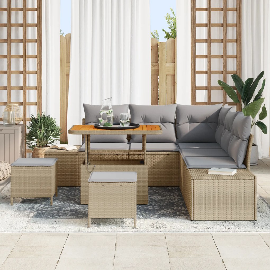 Conjunto de Sofá de Jardim vidaXL com 8 Peças e Almofadas Bege Rattan