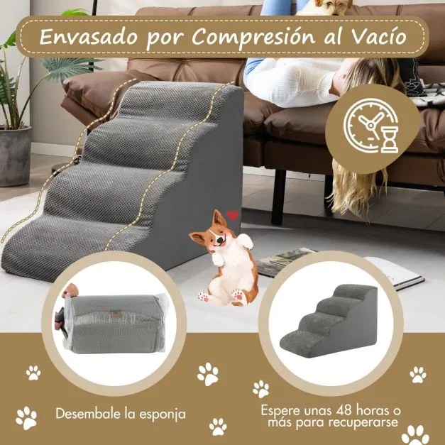 Escada de espuma de 4 níveis para cães com cobertura lavável com fecho de correr para sofás-cama altos 72 x 41 x 51 cm Cinzento