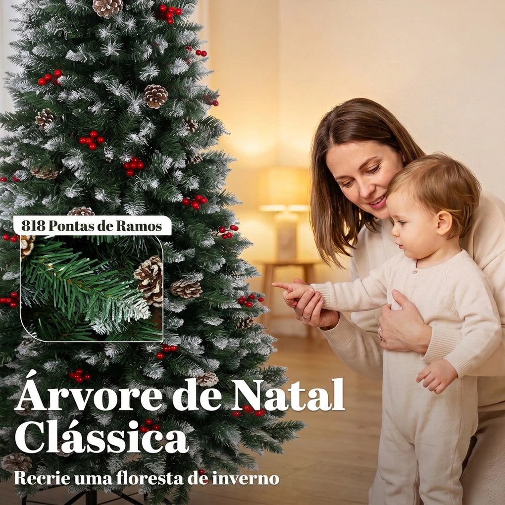 Árvore de Natal Nevada Tipo Lápis 210 cm Estreita com Bagas Vermelhas, Pinhas e 818 Pontas Verde