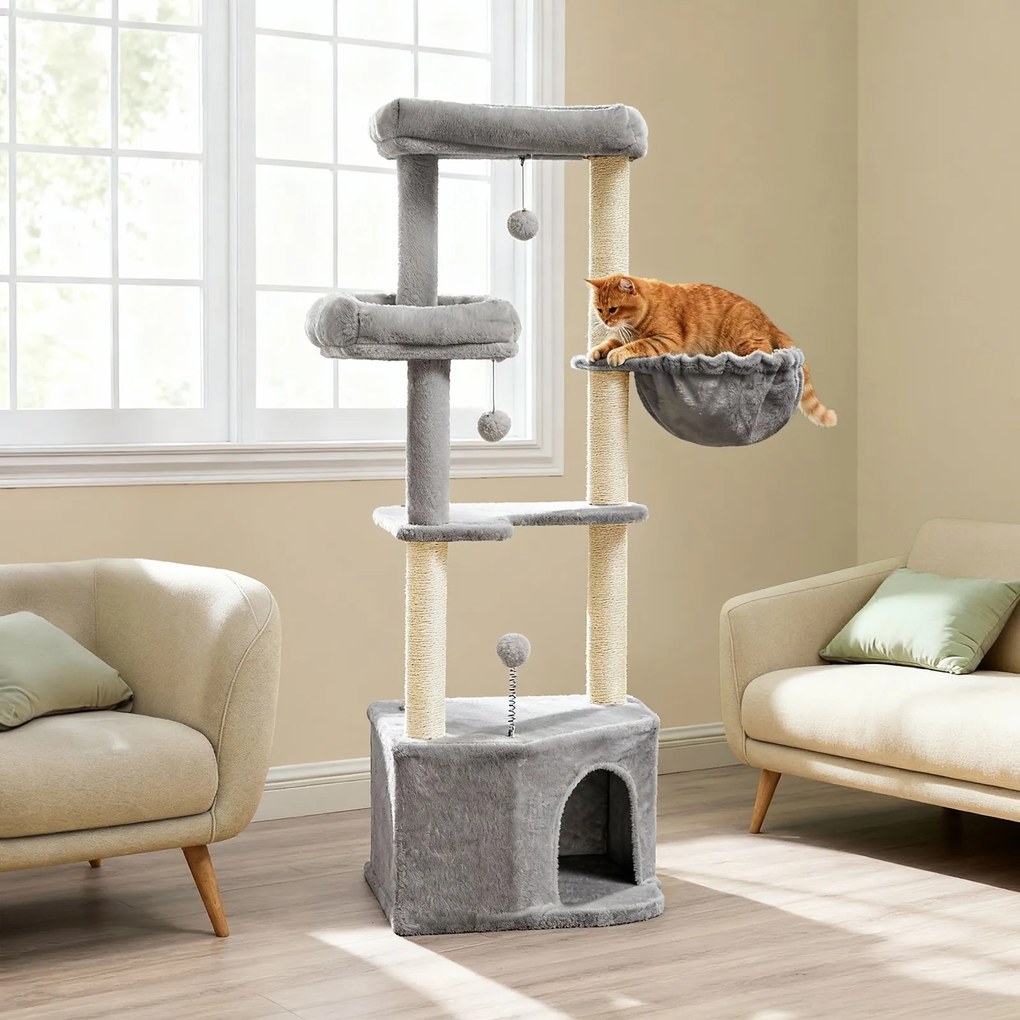 Arranhador para gatos com bolas de pelúcia 48,5 x 48,5 x 140,7 cm cinzento
