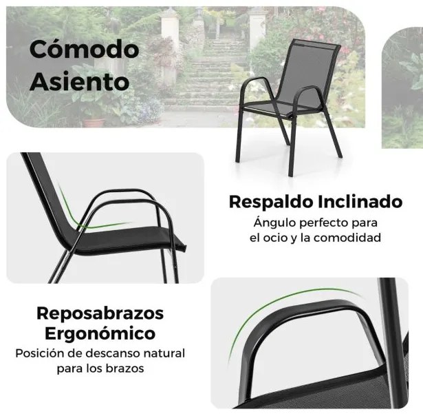 Conjunto móveis de Jardim 3 peças 2 cadeiras empilháveis 1 mesa de apoio Vidro temperado Tecido respirável Jardim Varanda Terraço Pátio Preto