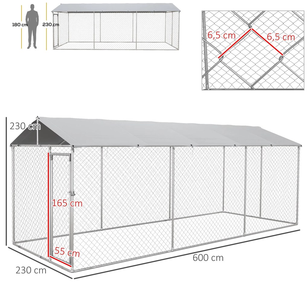 Canil de Exterior para Cães Parque para Cães com 1 Porta Estrutura de Aço Toldo Impermeável e Anti-UV 600x230x230 cm Prateado