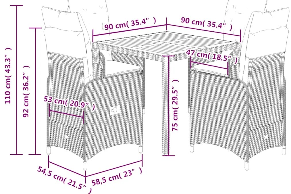 5 pcs conjunto bistrô de jardim c/ almofadões vime PE preto