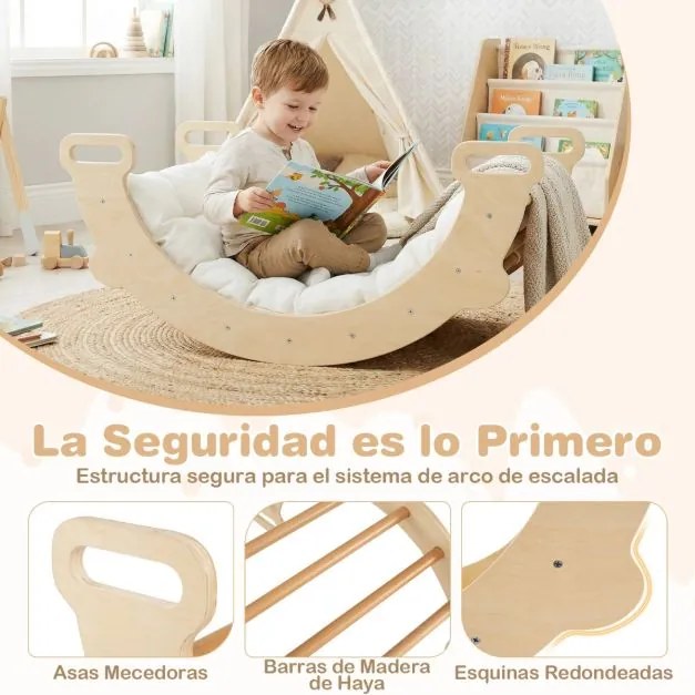 Arco de escalada infantil com almofada Escada Montessori 3 em 1 para trepar madeira para crianças Ginásio de escalada natural