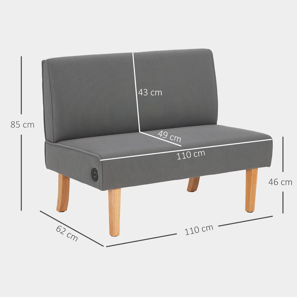 Sofá de 2 Lugares Estofado em Veludo Cotelê Sofá Sala de Estar com 2 Entradas USB 1 Entrada Tipo C 110x60x85 cm Cinza