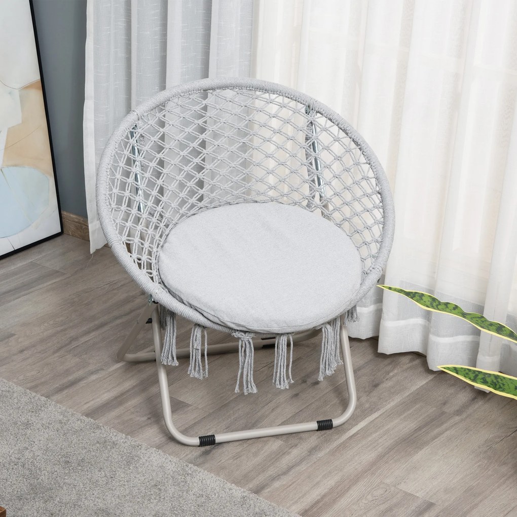 Poltrona redonda de jardim Loveuse, poltrona Papasan em forma de lua, dobrável, de grande conforto, em macramé de algodão e poliéster cinzento