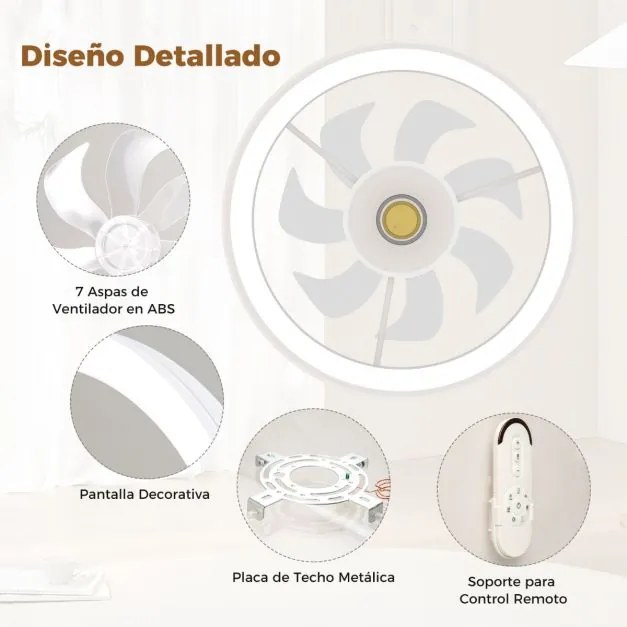 Ventoinha de teto de 48 cm de 7 pás 6 velocidades Temporizador e controlo remoto para sala, quarto, escritório Branco