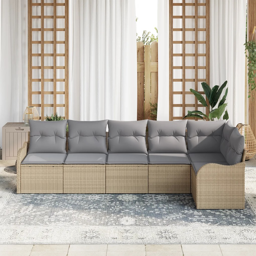 Conjunto de Sofá de Jardim de 6 Peças com Almofadas em Vime Bege