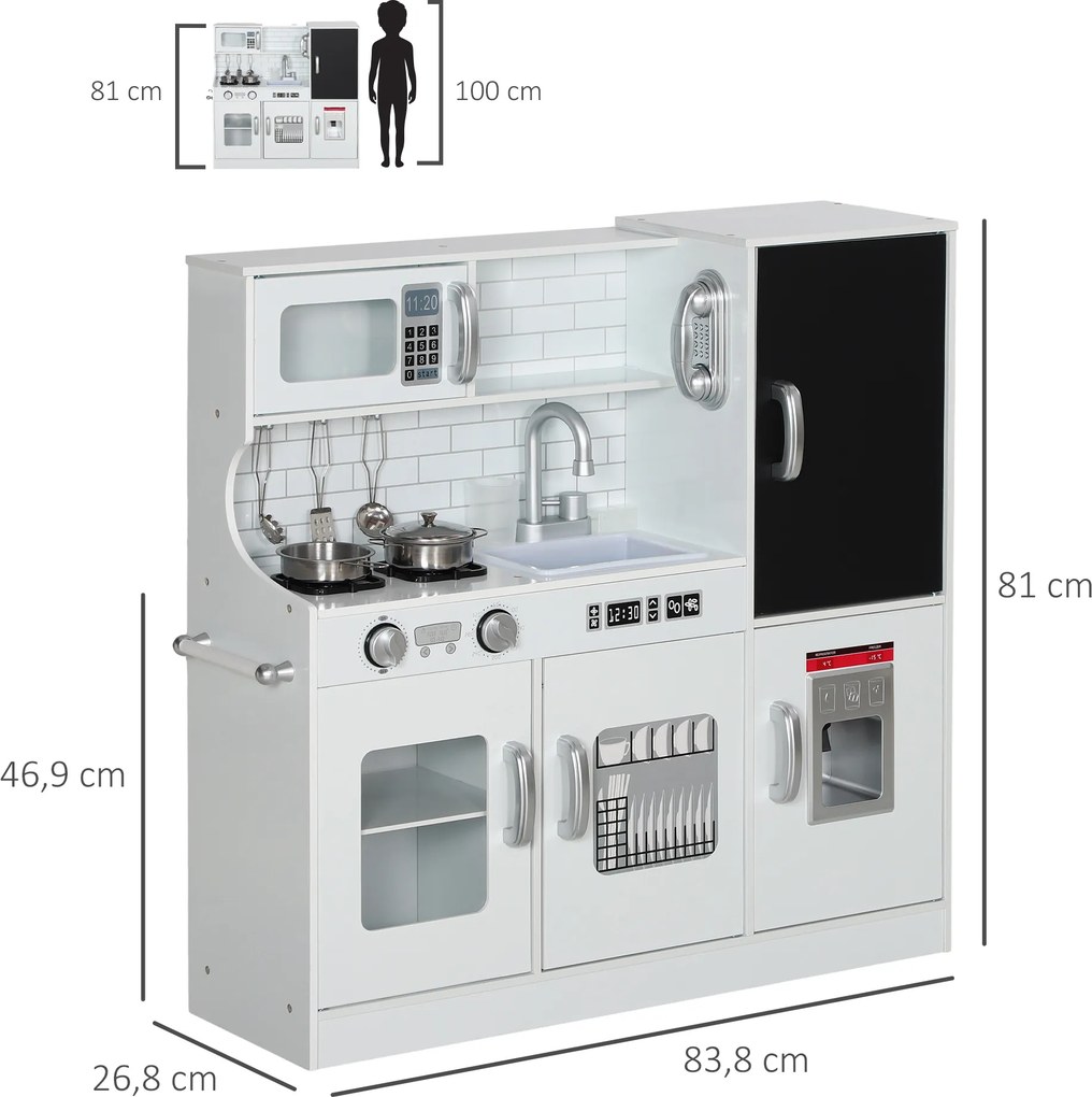 AIYAPLAY Cozinha de Brincar para Crianças Cozinha Infantil de Madeira com Acessórios Máquina de Gelo e Ardósia 83,8x26,8x81 cm Branco
