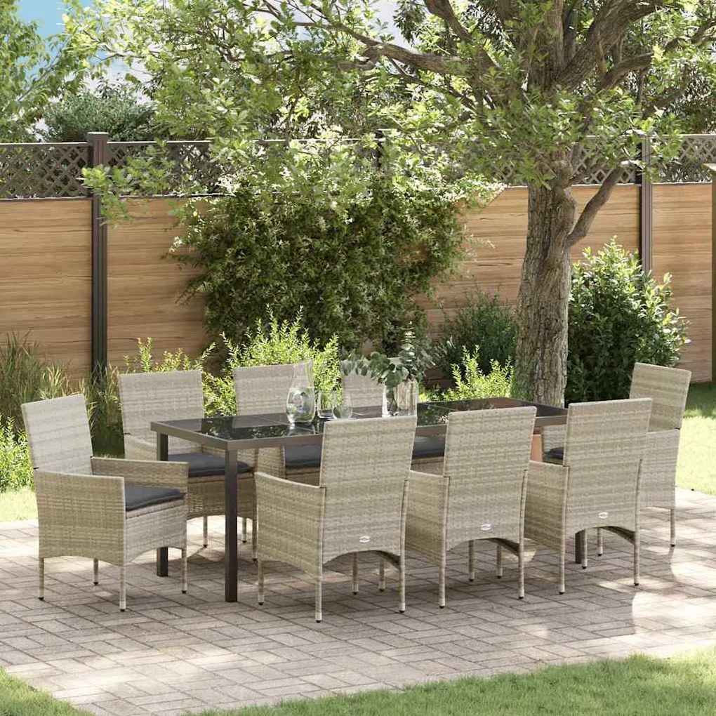 vidaXL Conjunto de Jantar para Jardim com 9 Peças e Almofadas de Rattan Sintético Cinza Claro
