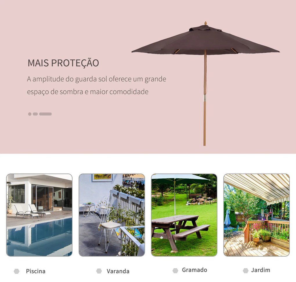 Chapéu de Sol Ø250x230cm Chapéu de Sol com Mastro de Madeira com 6 Hastes Sistema de Polia com Fixação para Jardim Pátio Terraço Castanho