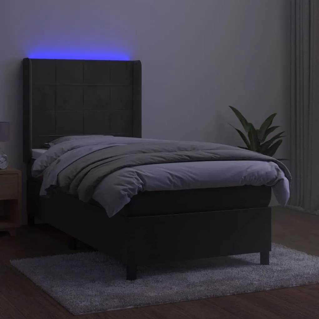 Cama box spring c/ colchão/LED 90x190 cm veludo cinzento-escuro