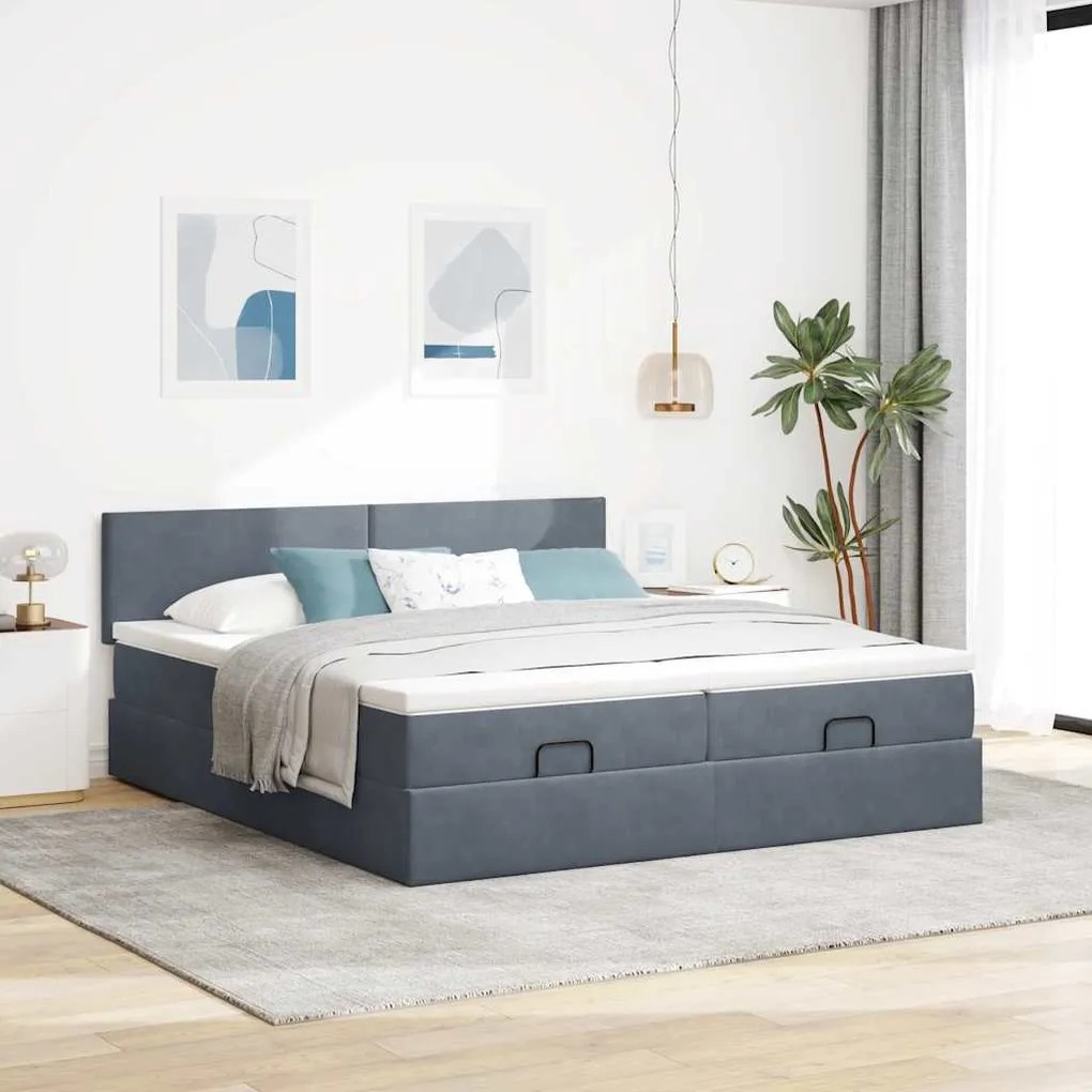 moldura de cama otomana vidaXL com colchão cinza escuro veludo