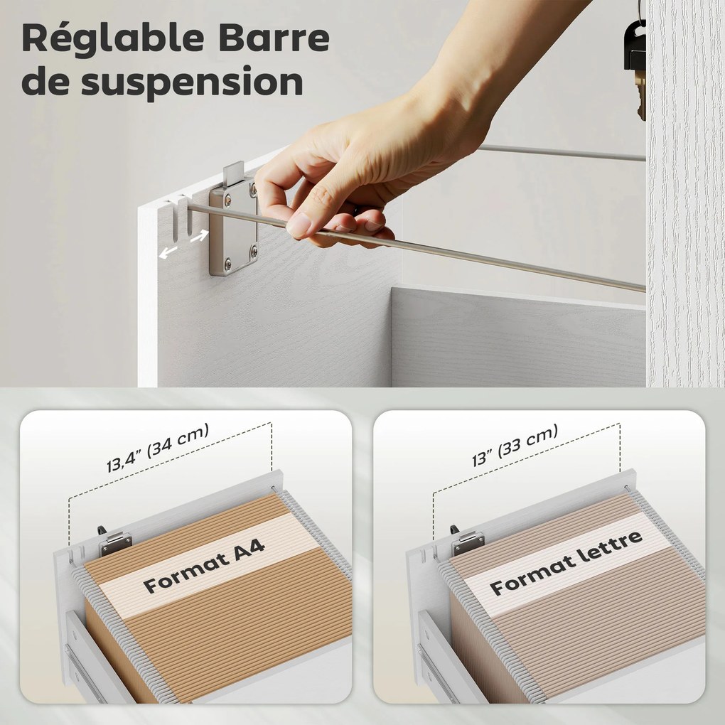 Bloco gavetas de Secretária com Rodas, 40 x 40 x 69,5 cm, 3 Gavetas com Fechadura, Branco