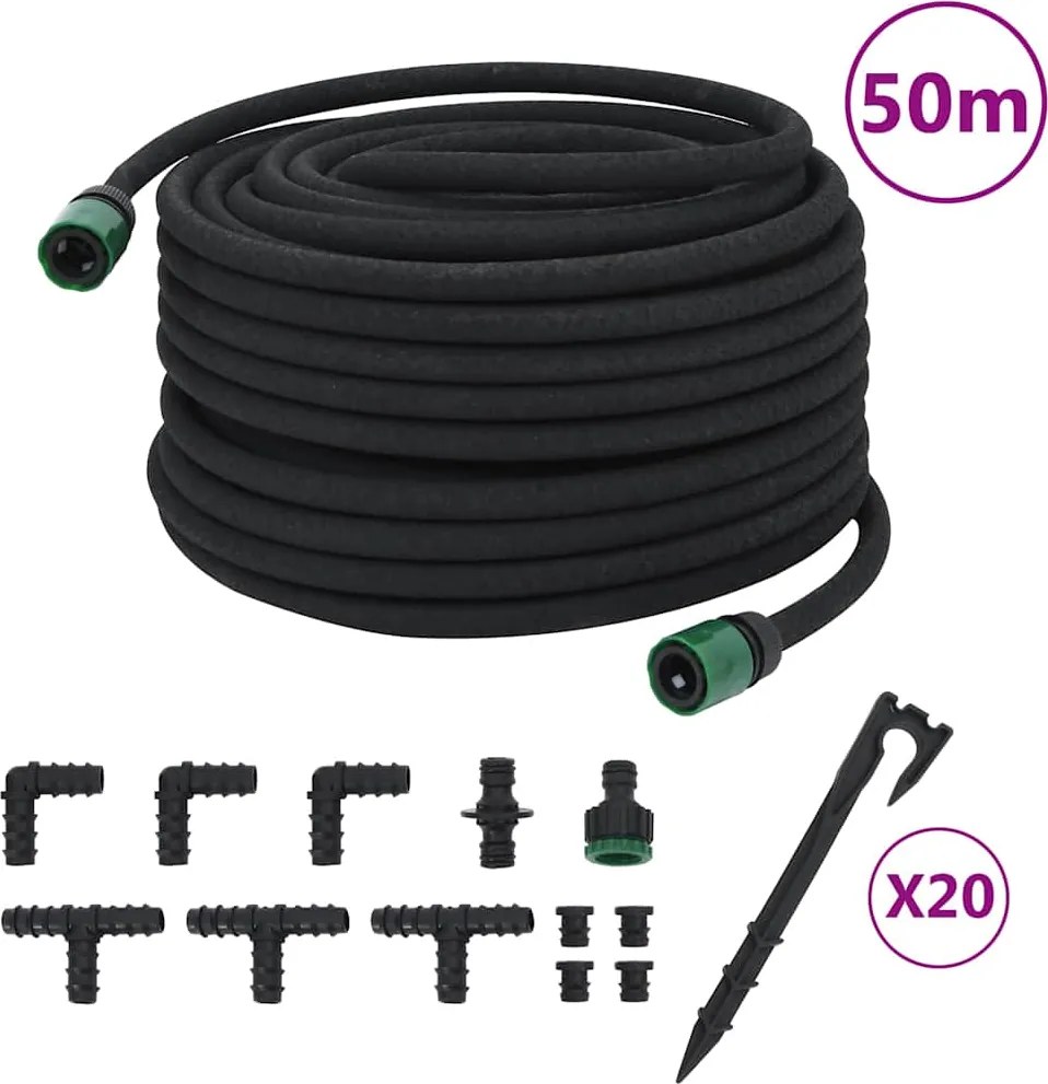 vidaXL Mangueira para rega gota-a-gota de jardim 50 m borracha preto