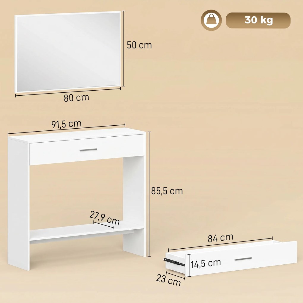 Consola de Entrada com Espelho, Gaveta e Prateleira para Hall, 91,5x27,9x85,5 cm, Branco
