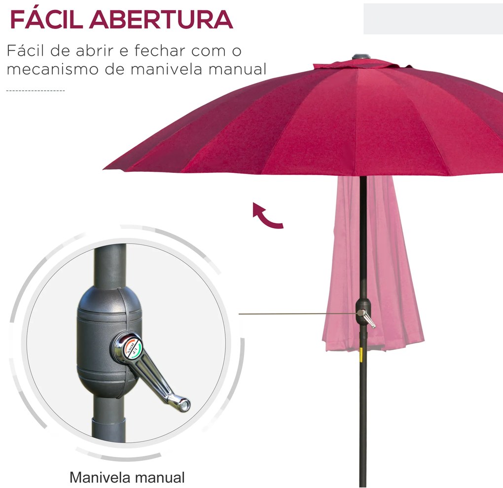 Chapéu de Sol de Jardim Ø2,5x2,4 m com Manivela Manual Mastro Flexível Impermeável e 18 Varas para Exterior Vinho