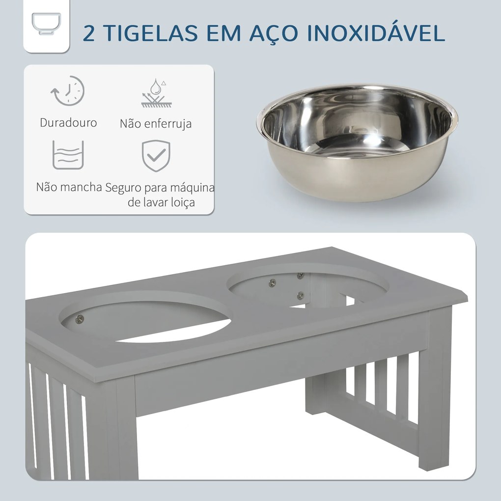 Comedouro Elevado para Cães com Suporte e 2 Tigelas Amovíveis de Aço Inoxidável 44x24x15 cm Cinza