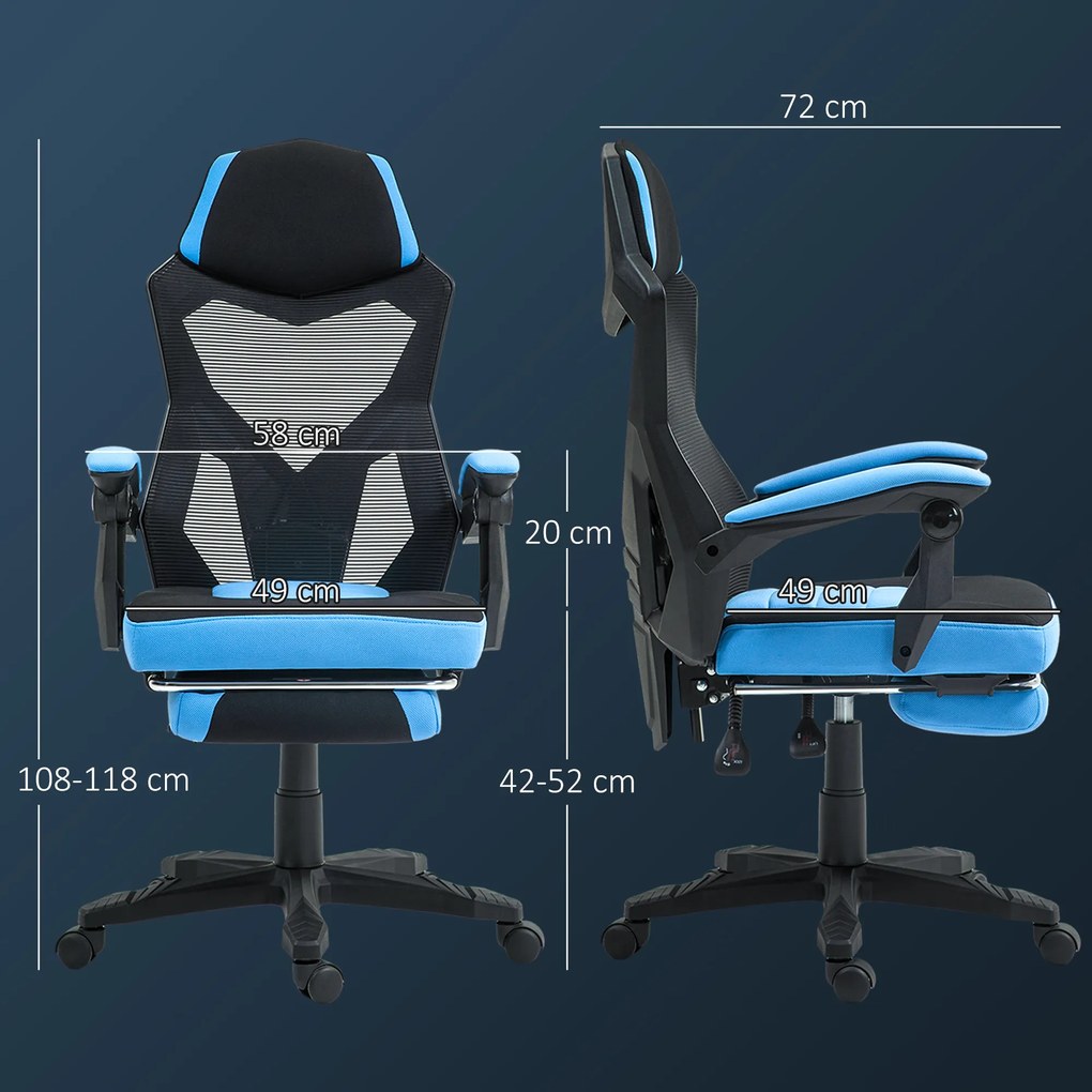 Cadeira de Escritório Ajustável em Altura Cadeira para Secretária Giratória de 360° Reclinável até 135° 58x72x108-118 cm Azul