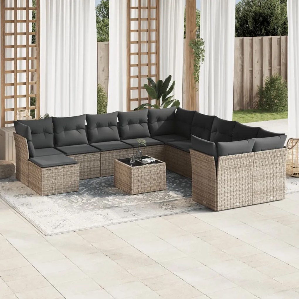 12 pcs conjunto de sofás jardim c/ almofadões vime PE cinzento
