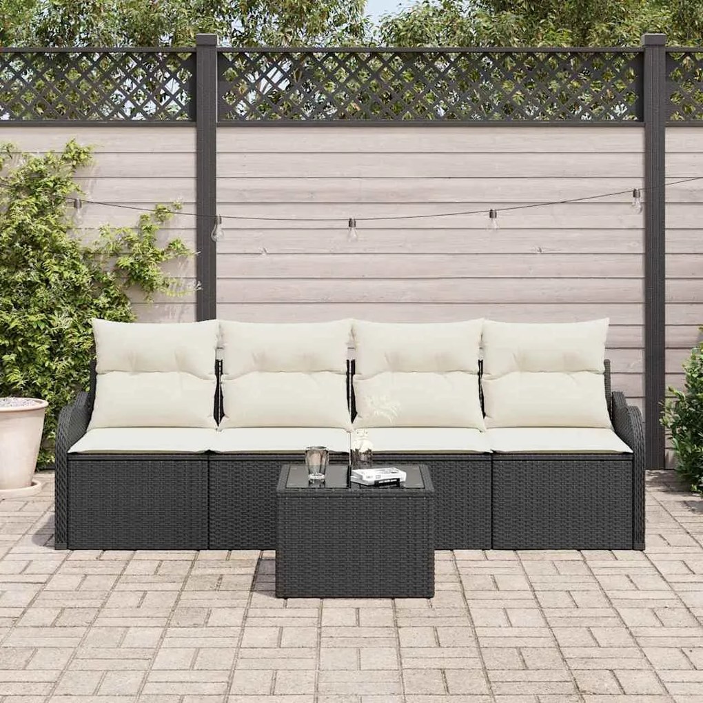 Conjunto de Sofá de Jardim de 5 Peças com Almofadas Pretas em Rattan S