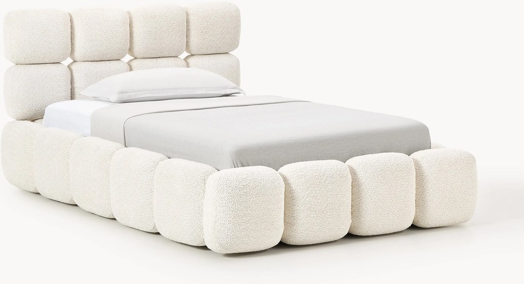 Cama de solteiro estofada em teddy-bouclé com arrumação Tayla
