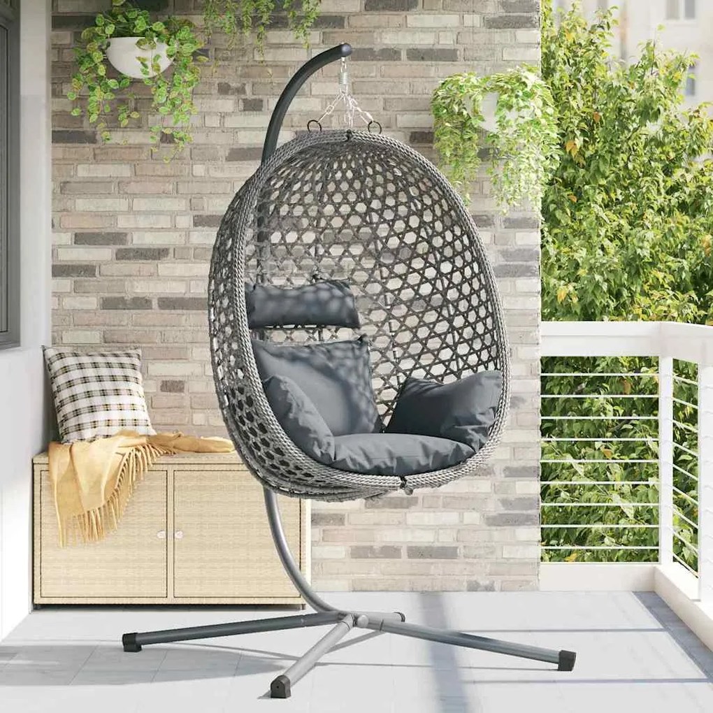 Cesta de Cadeira de Ovo com Suporte em Cinza Rattan Sintético