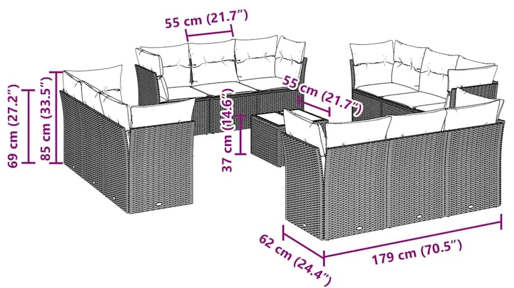 13 pcs conj. sofás jardim c/ almofadões vime PE cinzento-claro
