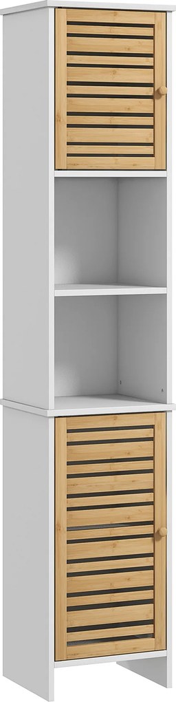 HOMCOM Coluna Casa de Banho Móvel Auxiliar Casa de Banho com Prateleiras Ajustáveis e Portas de Bambu 35x30x170 cm Branco e Madeira | Aosom Portugal