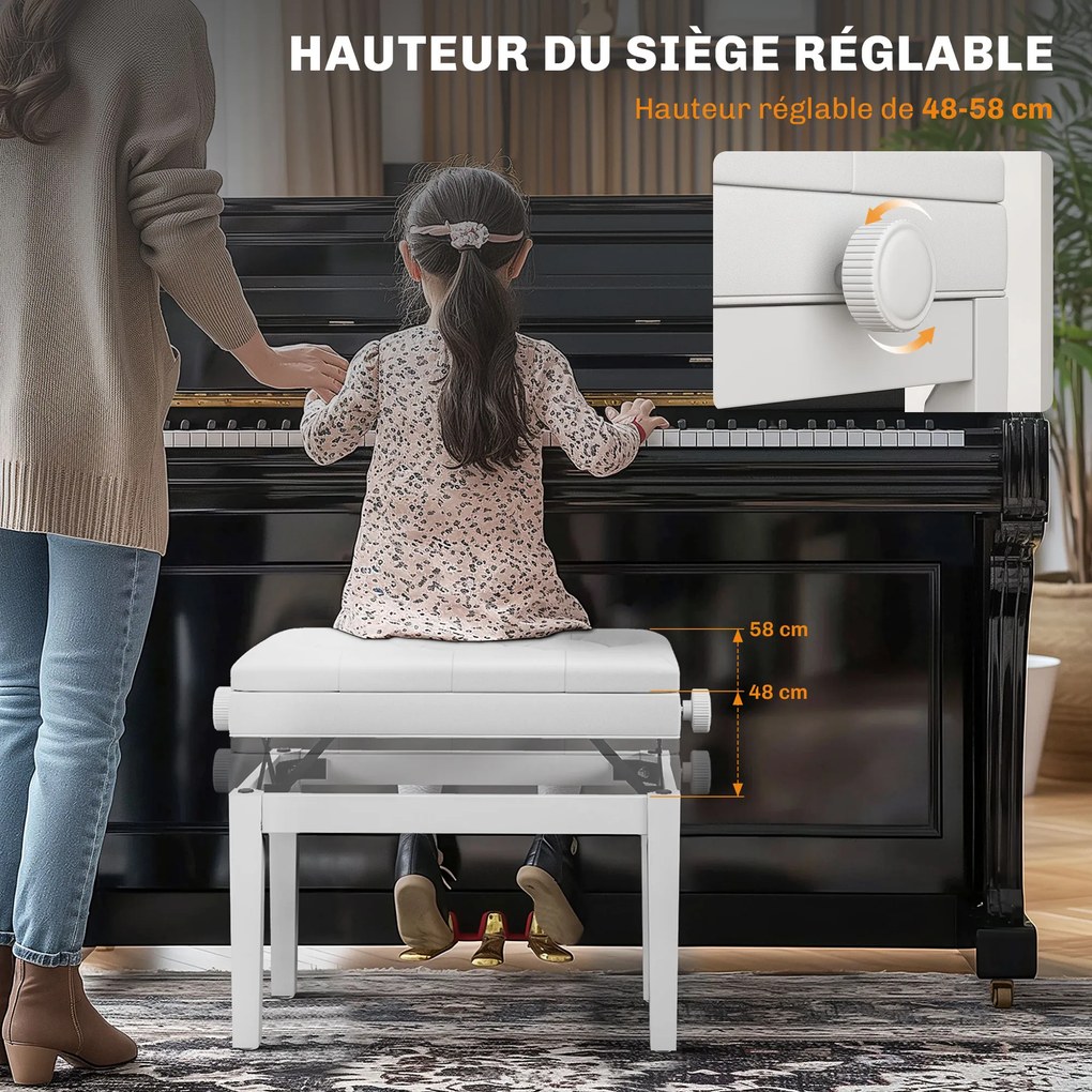 Banco de piano 55 x 33 x 48-58 cm ajustável em altura em madeira maciça, compartimento de arrumação,, branco