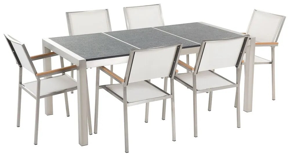 Conjunto de mesa com tampo triplo granito flameado preto 180 x 90 cm e 6 cadeiras brancas GROSSETO Beliani
