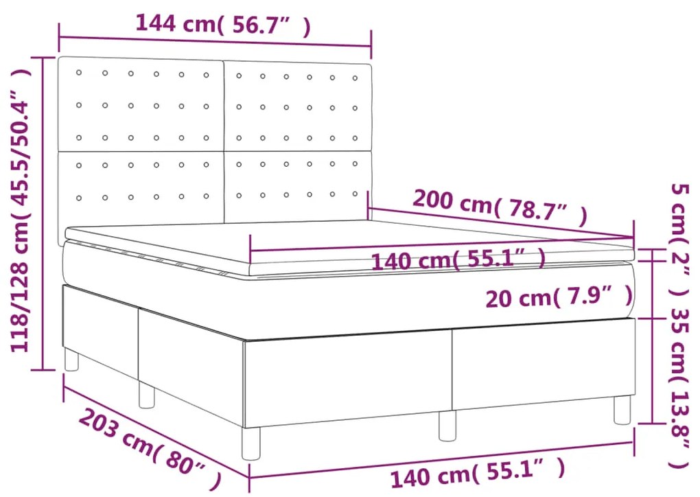 Cama box spring c/ colchão/LED 140x200 cm veludo verde-escuro