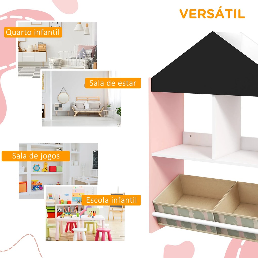 Estante para Brinquedos Organizador Infantil com Prateleiras Abertas e 2 Caixas de Tecido não Tecido Amovíveis 62,4x26,5x90 cm Rosa