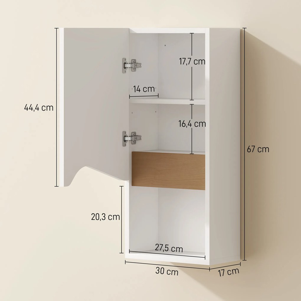Armário de parede para casa de banho 30 x 17 x 67 cm com porta de fecho suave, prateleira ajustável e compartimento aberto, branco