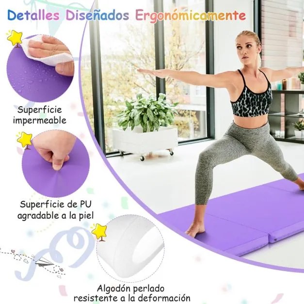 Tapete de exercícios portátil, leve e dobrável de 3 painéis com 2 pegas Ginástica compacta com enchimento de espuma EPE 180 x 60 x 5 cm Púrpura